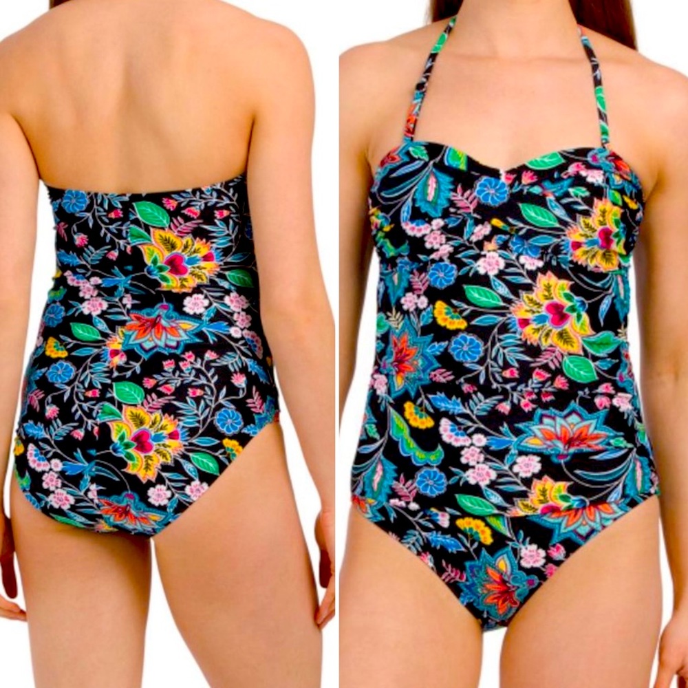 CARIBBEAN JOE-Black Floral-Convertible 
Neckline-1 piece Swimsuit-Sz 12-NWT